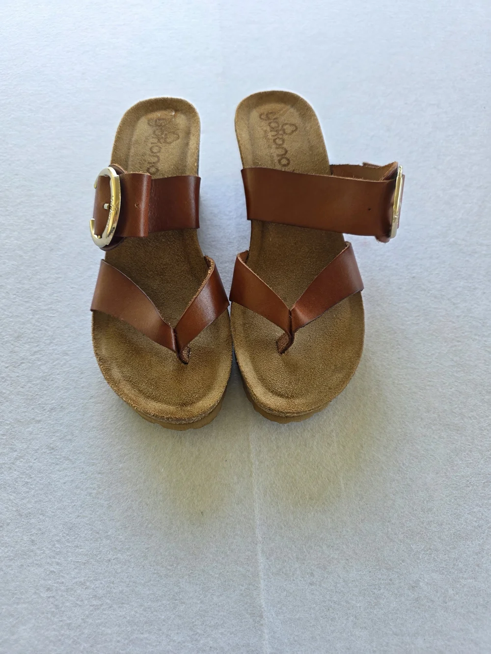 Yokono Cottagecore Brown Leather Buckle Wedge Sandals